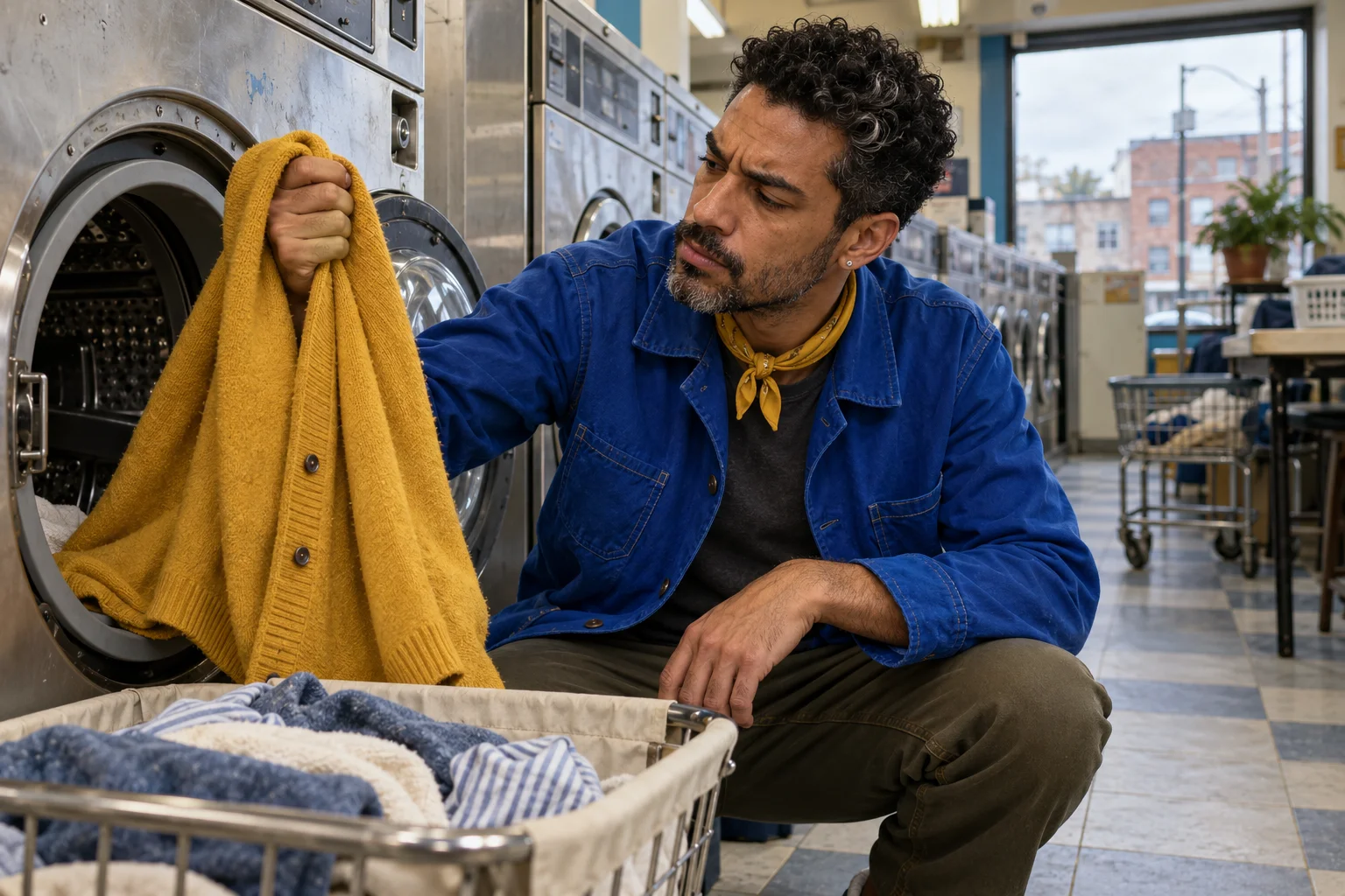 Original fictional adult Milo Voss in a cobalt chore jacket inspecting a yellow cardigan beside a laundromat washing machine, an editorial AI influencer concept