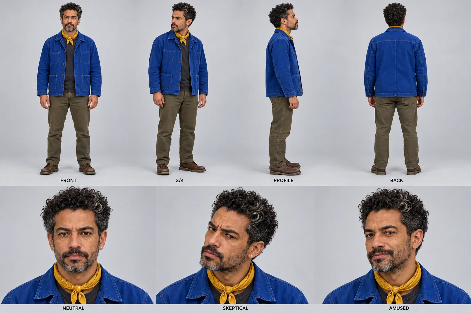 Milo Voss original character reference concept comparing four body angles and three facial expressions in a cobalt jacket and mustard neckerchief