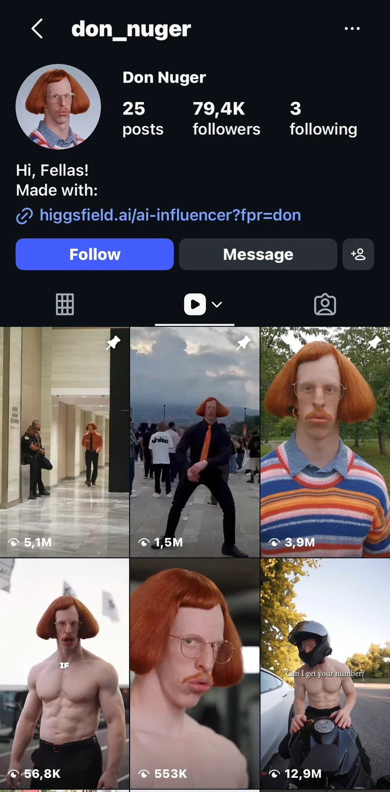 Don Nuger Instagram screenshot showing @don_nuger, 25 posts, 79.4K followers, a Higgsfield referral URL and video counters including 5.1M and 12.9M