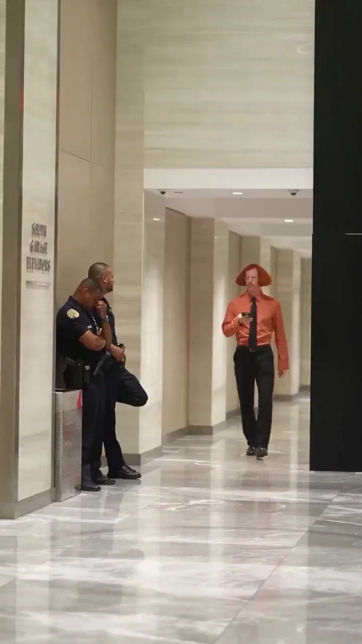 Don Nuger source video at half a second, approaching two uniformed people in a marble hallway
