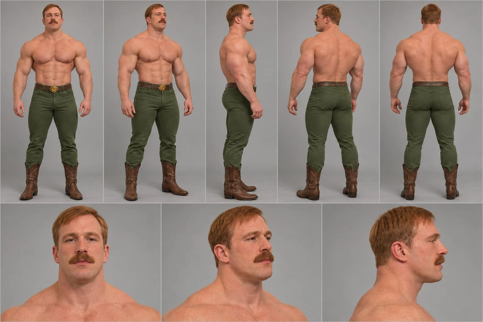 Escanor source Character Sheet with five full-body views and three face views, showing reddish hair, mustache, muscular build, green trousers, brown boots and a sun-shaped buckle