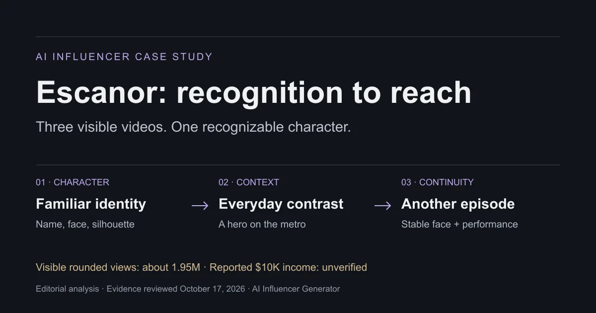 Escanor AI influencer case study connecting character recognition, everyday contrast and a referral offer while marking the $10K claim unverified