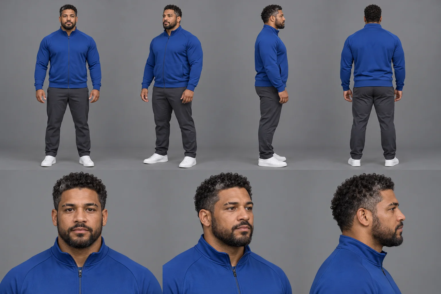 Original adult Marek Vale reference sheet showing consistent dark curls, short beard, powerful build, cobalt jacket and charcoal trousers across body and facial angles