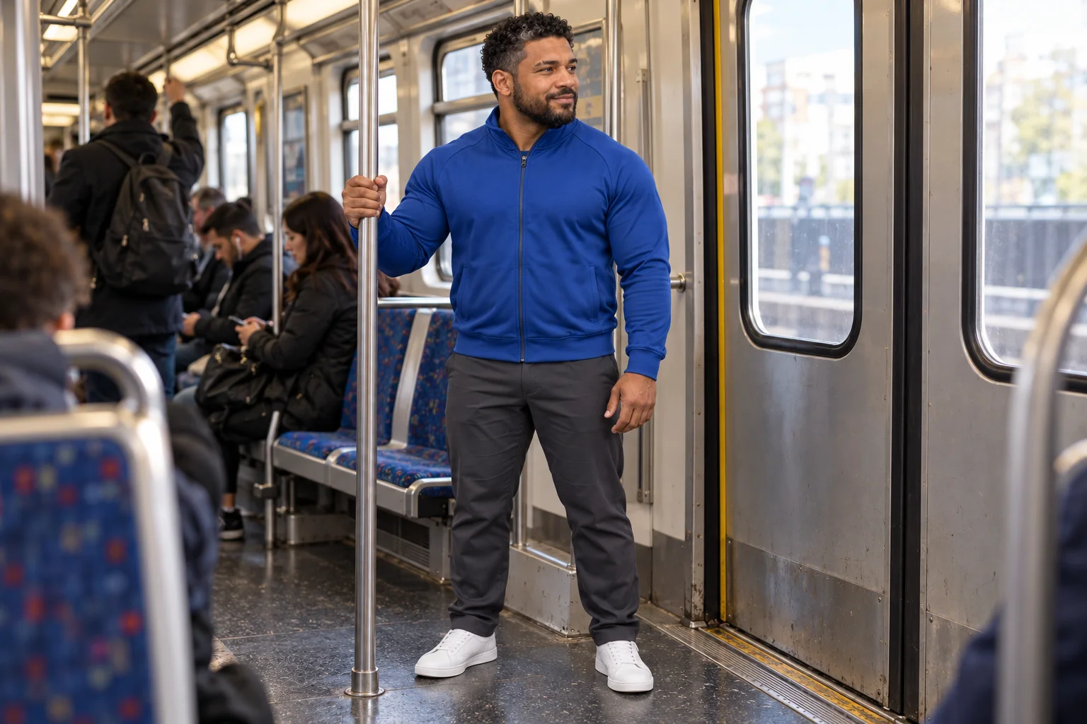 The same original adult Marek Vale in a metro carriage, retaining his reference identity and holding a vertical pole naturally