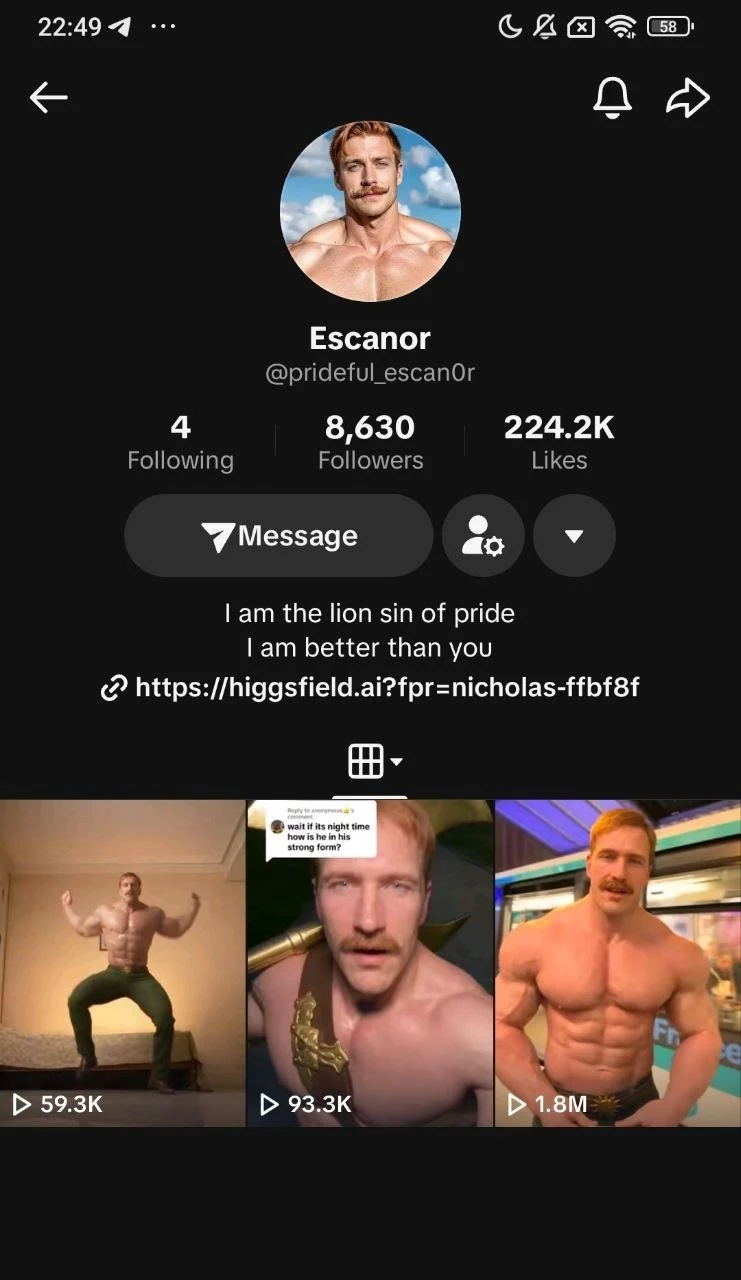 Escanor TikTok source screenshot showing @prideful_escan0r with 8,630 followers, 224.2K account likes, three video tiles and a Higgsfield referral URL