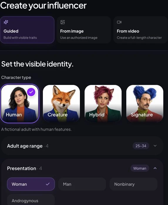 Real Guided Character Builder input controls for an original adult identity.