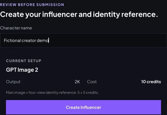 Real character review showing a main image and identity reference with a combined ten-credit quote.