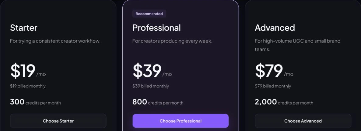 Real monthly pricing cards: Starter 19 dollars and 300 credits, Professional 39 dollars and 800 credits, Advanced 79 dollars and 2000 credits.