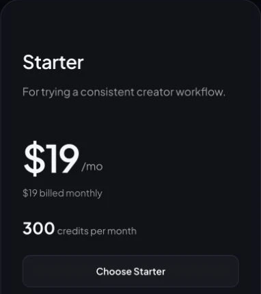 Readable real Starter card: 19 dollars billed monthly, 300 credits per month.