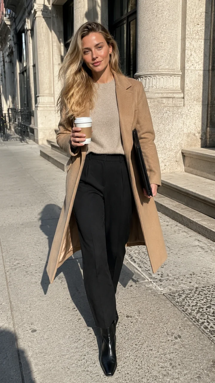 Reference-based fictional adult creator in a camel coat carrying coffee and a portfolio outside a stone building.