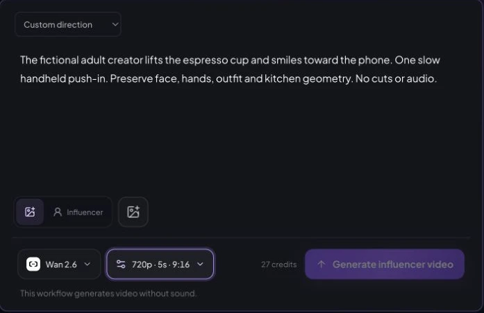 Real Create Video form with an espresso-cup motion prompt, Wan 2.6, 720p, five seconds, 9:16 and a 27-credit quote.