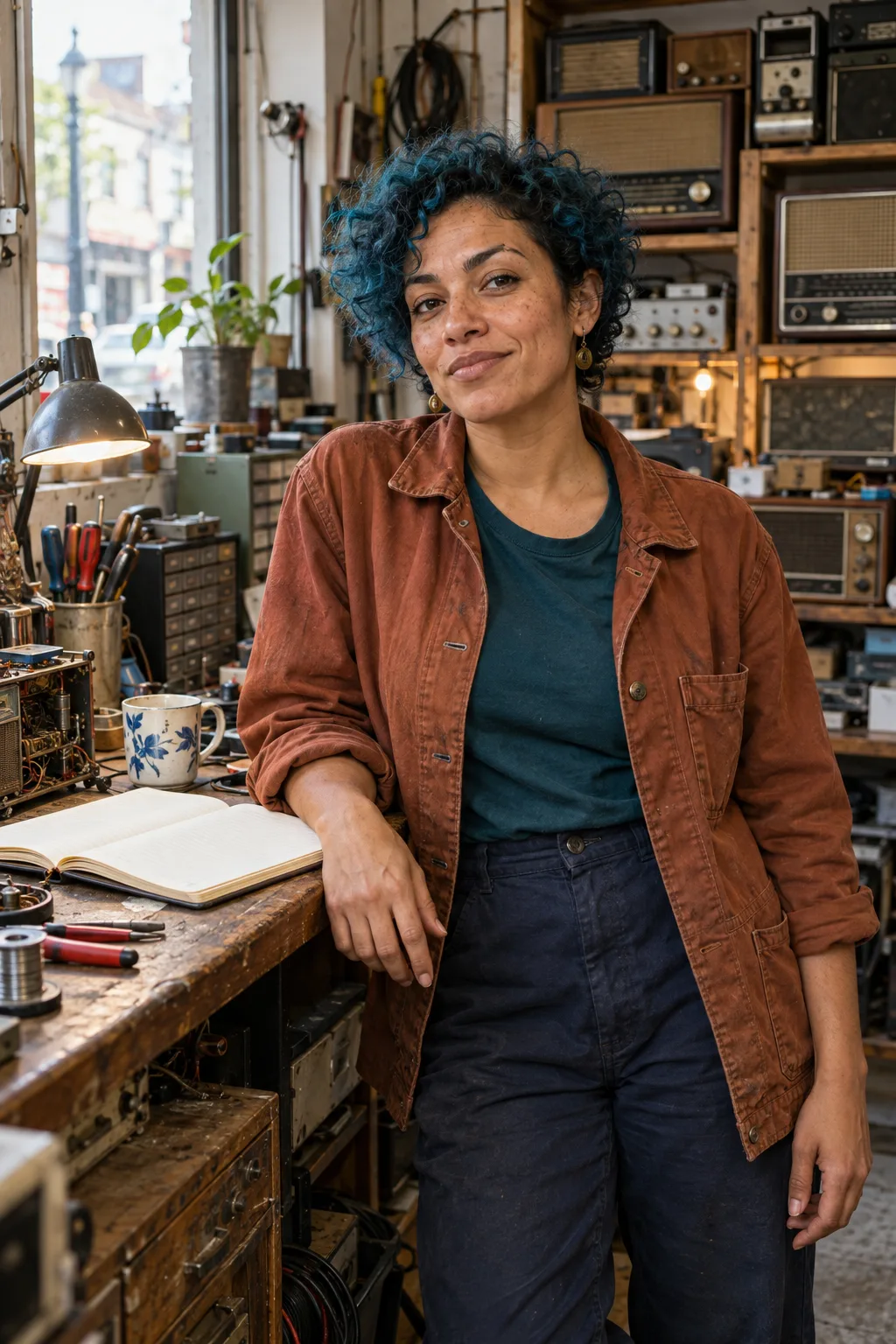Original fictional adult creator Mara Sol with short blue curls, freckles, brass earrings and a rust jacket in a lived-in radio-repair shop