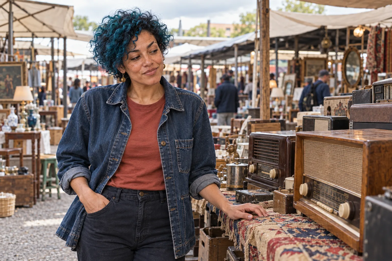The same original adult Mara Sol in an indigo jacket at an outdoor radio market, keeping blue curls, freckles and facial structure while changing the scene and expression