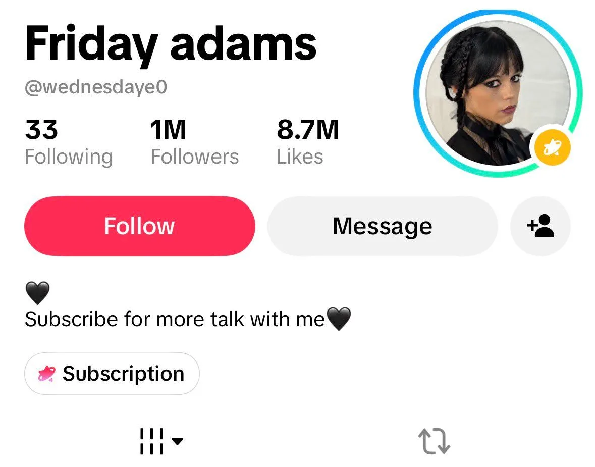 Friday adams TikTok source profile screenshot reading @wednesdaye0 with 1M followers, 8.7M likes and a Subscription entry
