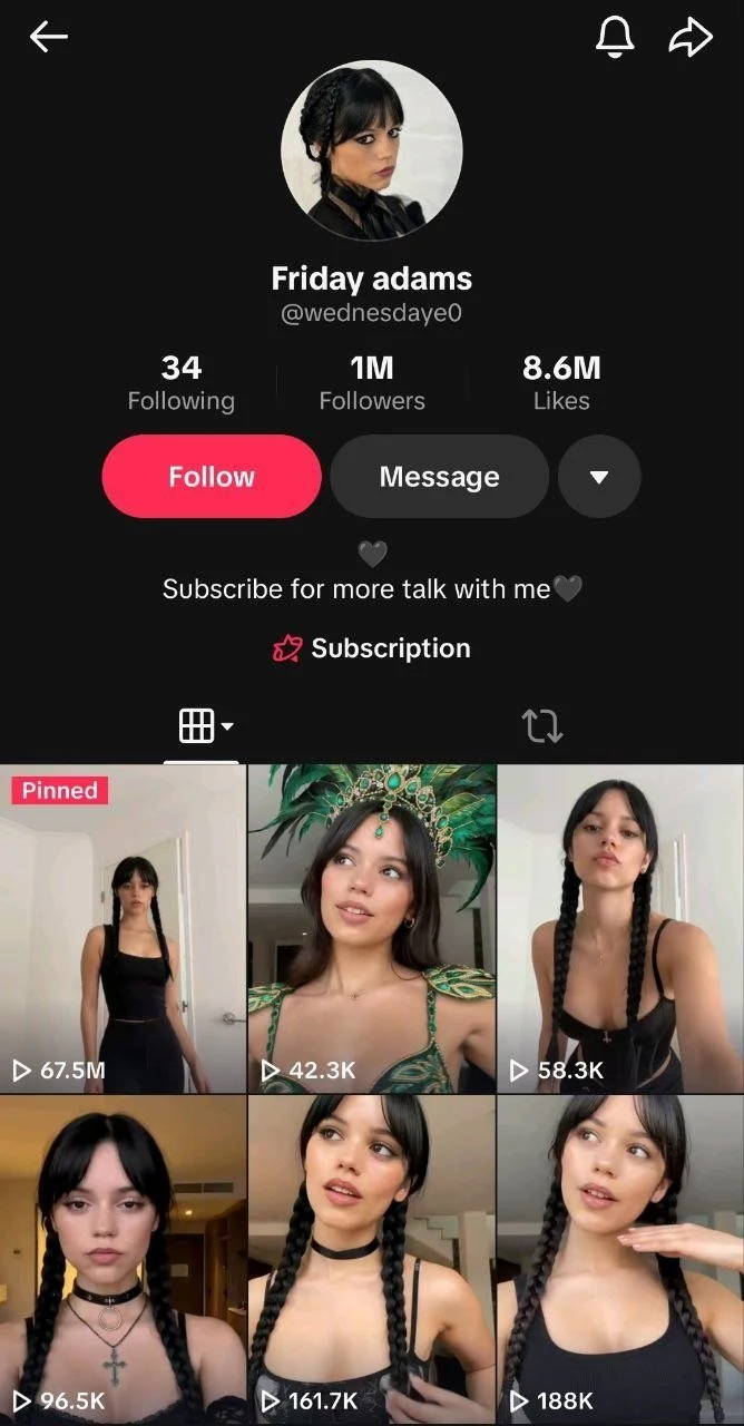 New Friday adams source screenshot reading @wednesdaye0 with 1M followers, 8.6M account likes, a 67.5M pinned tile and a Subscription entry