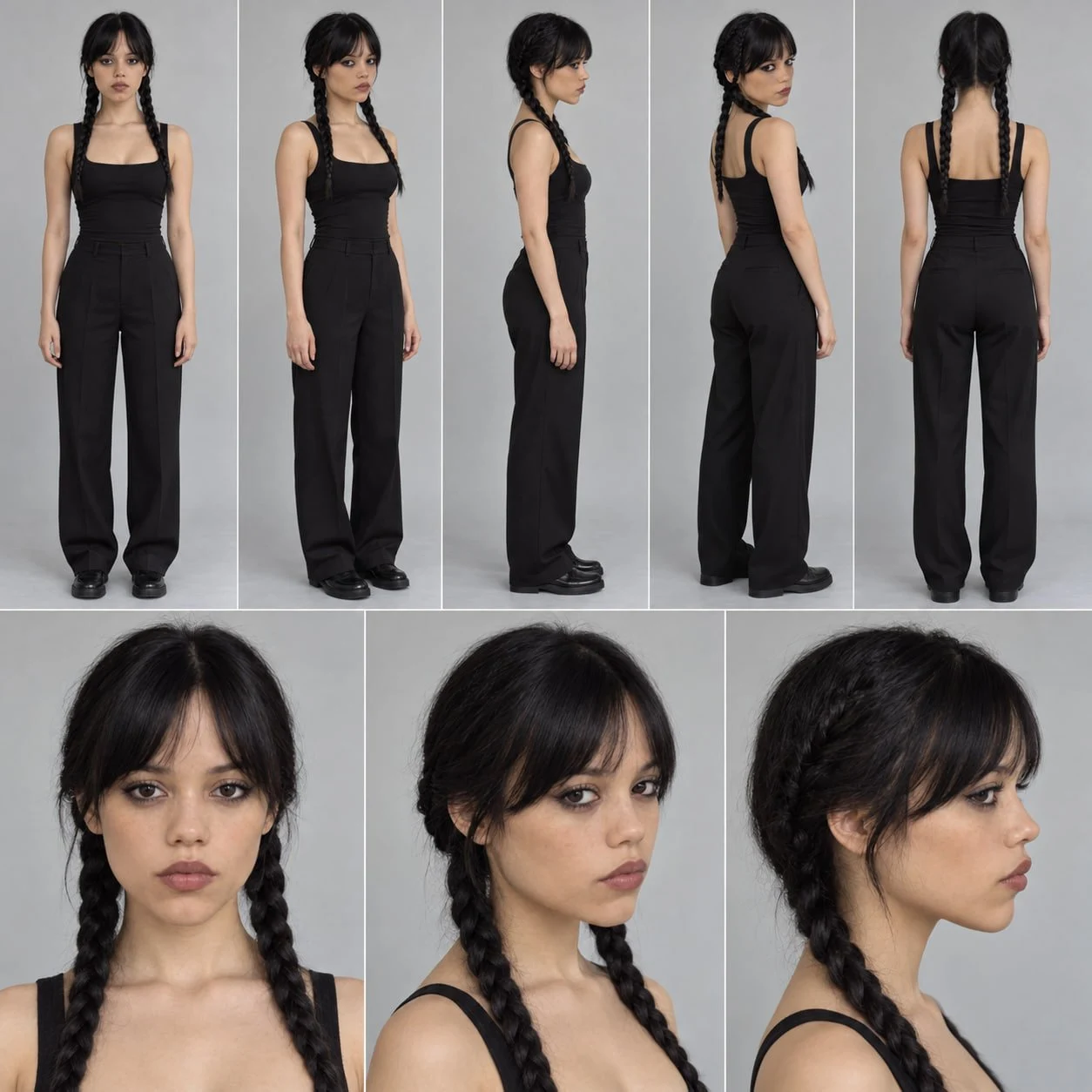Friday Adams source Character Sheet with five full-body angles and three face views, showing dark braids, fringe, a black sleeveless top, wide-leg trousers and dark shoes