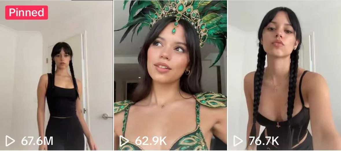 Three source TikTok feed tiles showing recurring braided character styling and counters of 67.6M, 62.9K and 76.7K views