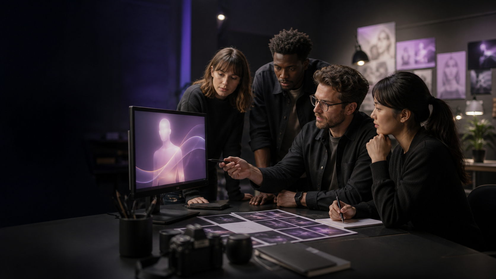 Creative team reviewing a fictional virtual creator concept in a dark studio.