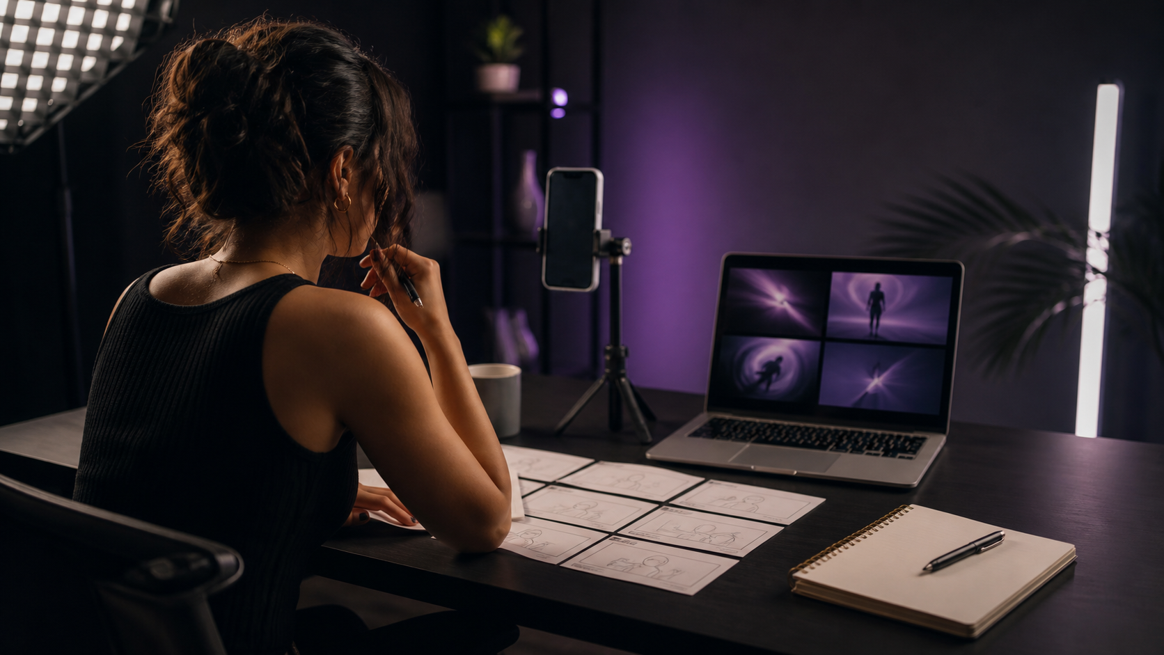 Fictional adult creator planning short-form video shots at a studio desk.