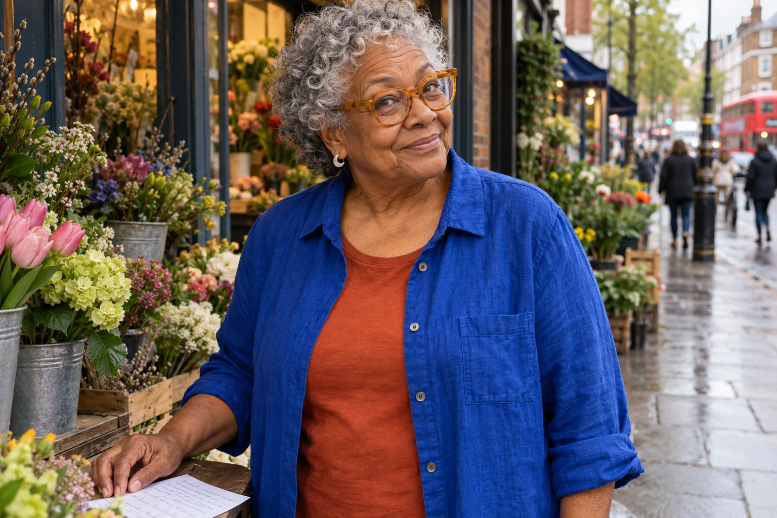 Original fictional older creator Mabel Vale with silver curls and amber glasses, wearing cobalt and rust, looking up from a shopping list outside a flower shop