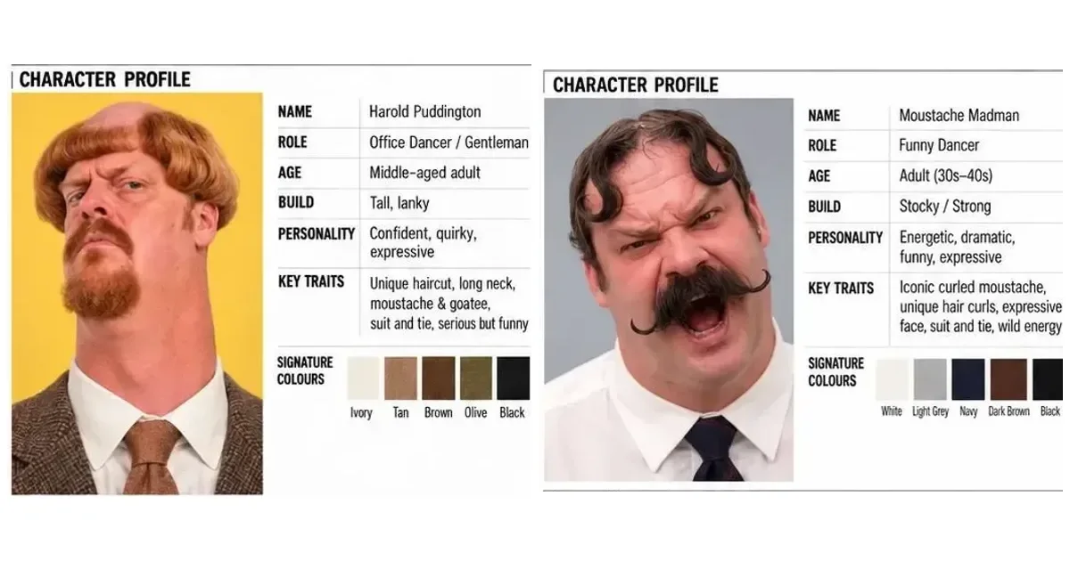 Harold Puddington and Moustache Madman identity panels from the two source Character Sheets, comparing a lanky suited dancer with a stocky moustached partner