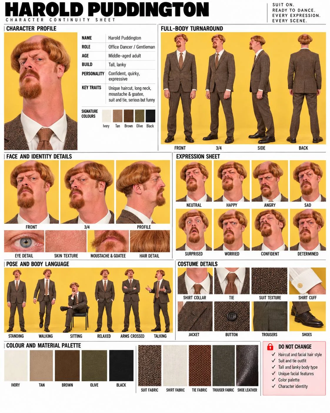 Complete Harold Puddington Character Sheet with profile, four body angles, three face angles, eight expressions, six poses, costume details, materials and DO NOT CHANGE rules
