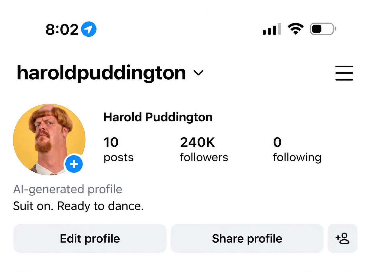 Instagram profile screenshot attached to the October 16 X post showing haroldpuddington, 10 posts, 240K followers and the AI-generated profile label