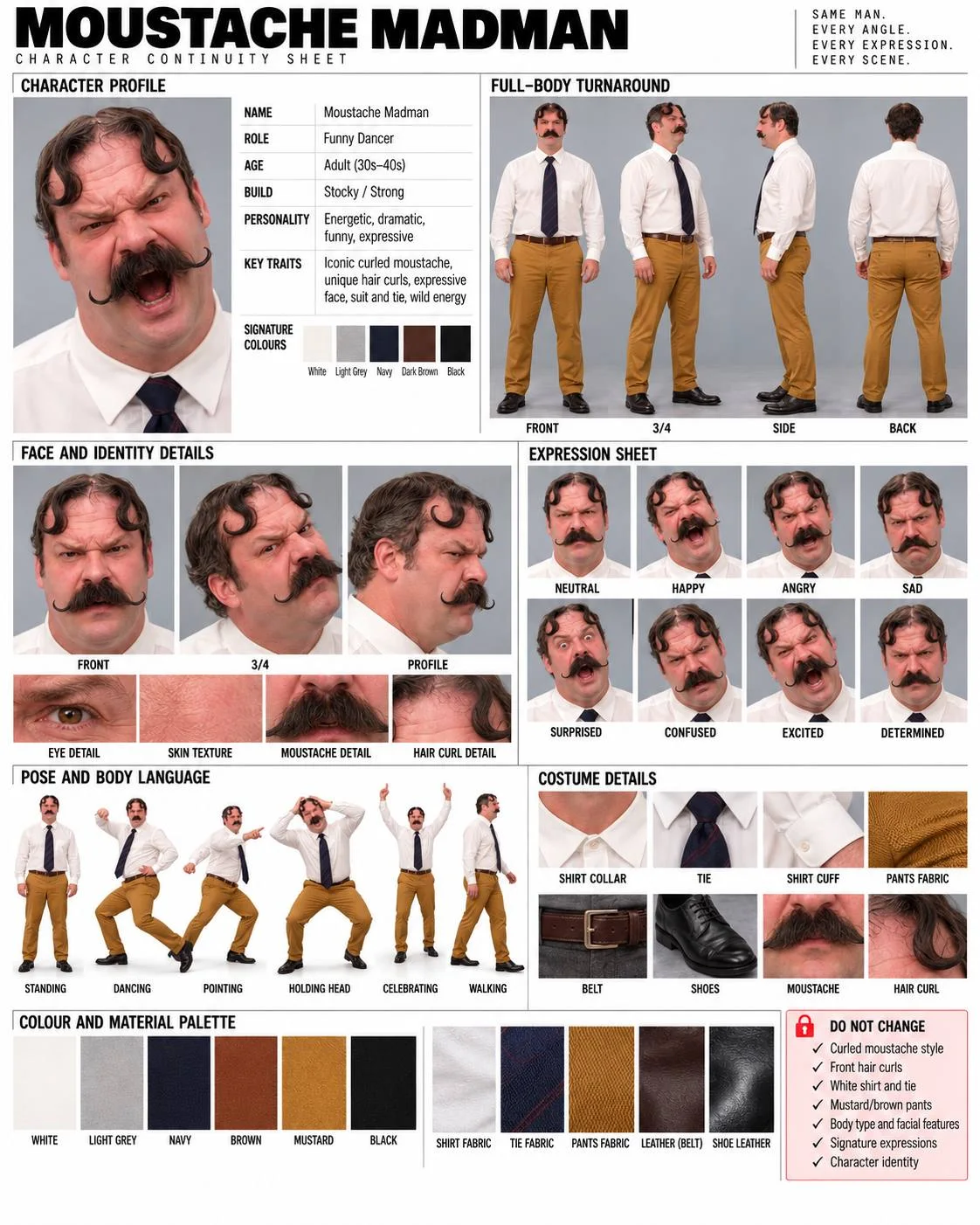 Complete Moustache Madman continuity sheet showing four body angles, three face angles, eight expressions, six action poses, white shirt, navy tie, mustard trousers and identity locks