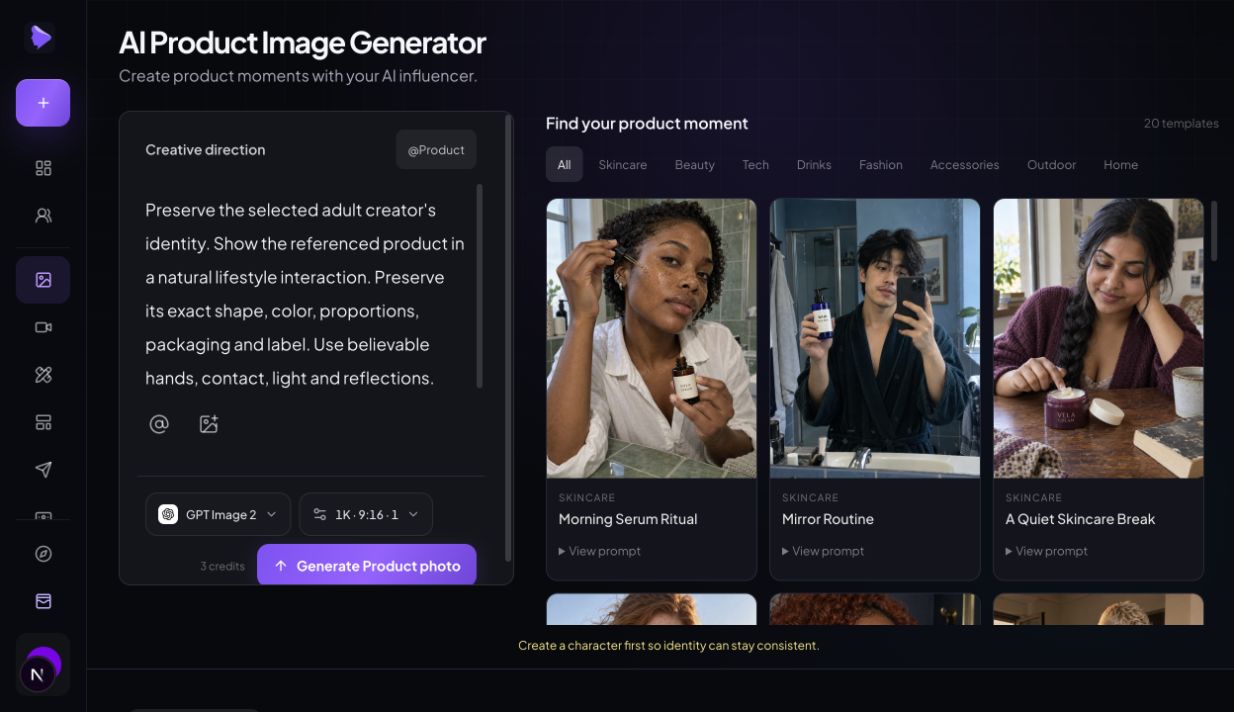 Actual AI Product Image Generator input workspace with creative direction, product input and generation settings.