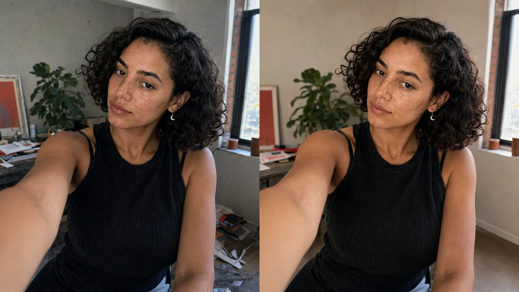 Illustrative comparison of the same fictional adult selfie before and after restrained lighting, color, and background cleanup.