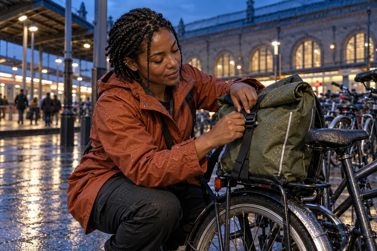 Fictional adult creator Nia tightening a commuter backpack buckle beside a bicycle at a rainy train station.