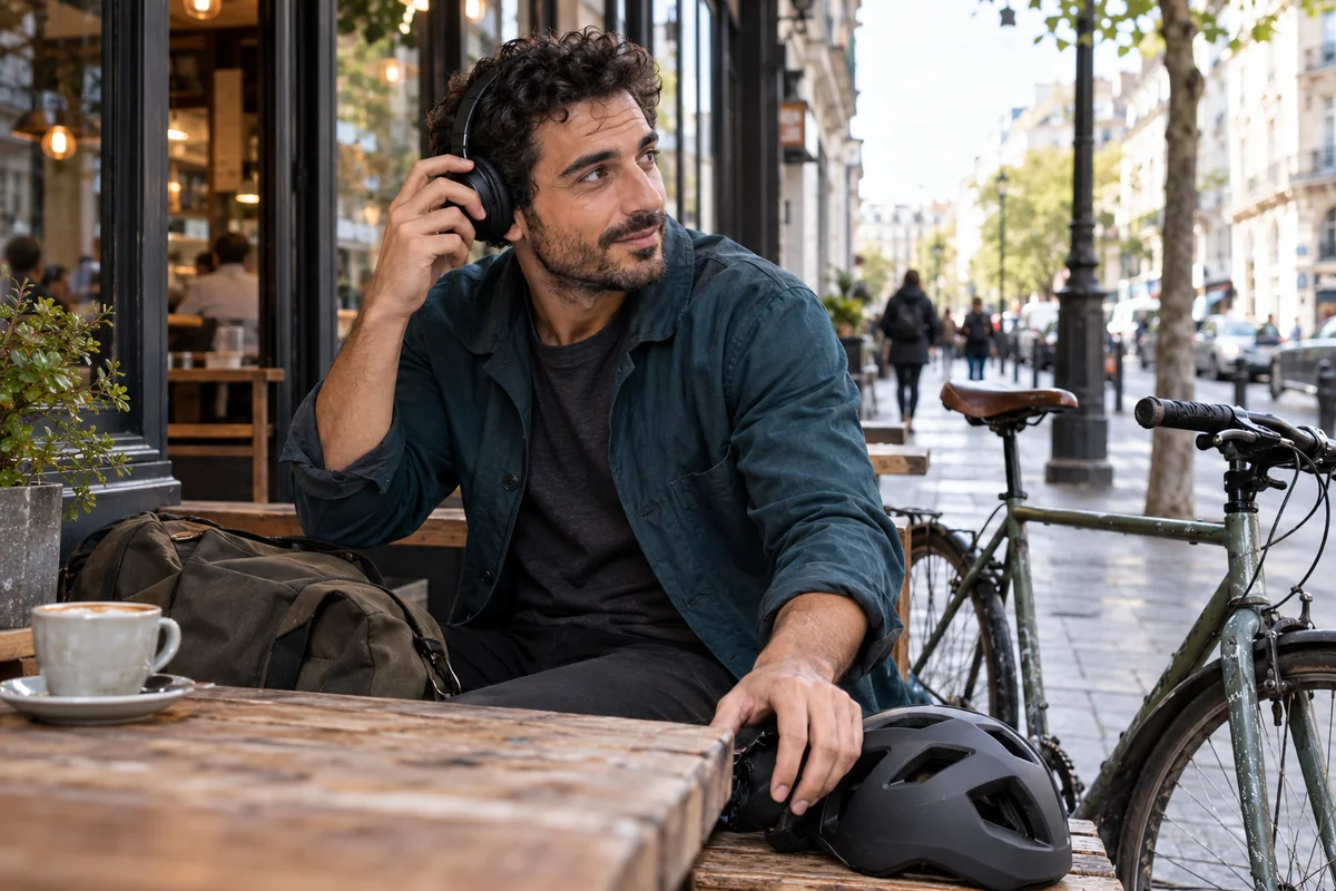 Fictional adult creator Luca adjusting matte-black headphones beside a commuter bicycle at a street cafe.
