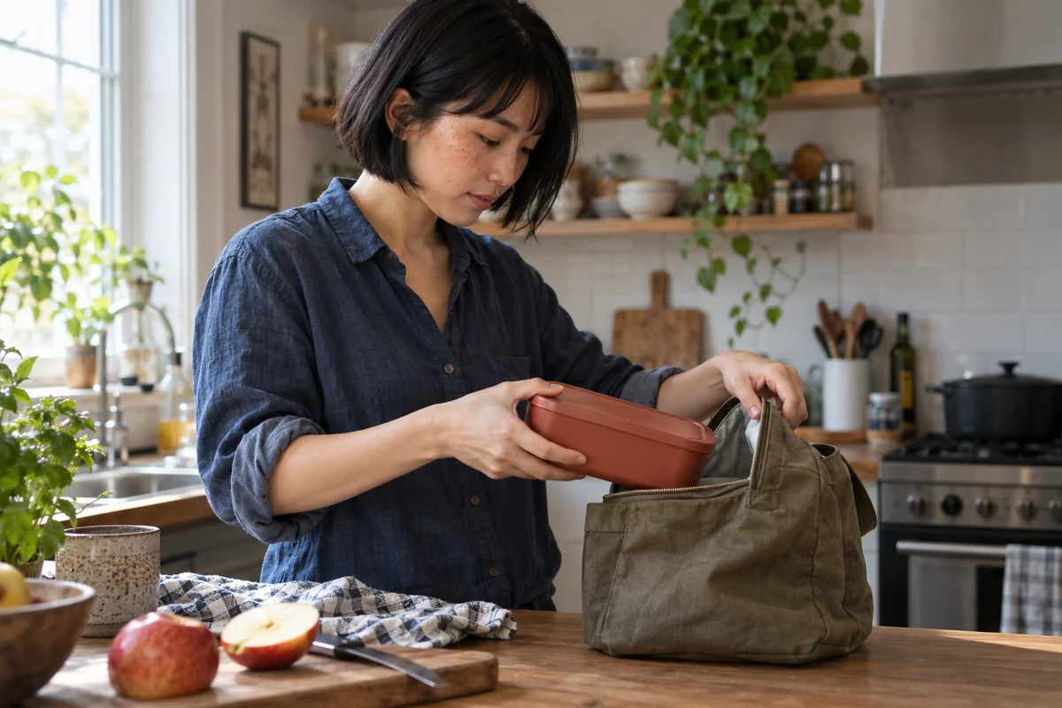 Fictional adult creator Mina placing a red reusable lunch container into a canvas bag in a kitchen.