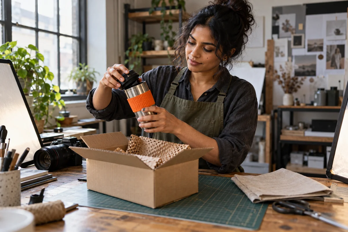 Original fictional adult creator Dara opening a steel travel mug at a tabletop photography workbench.