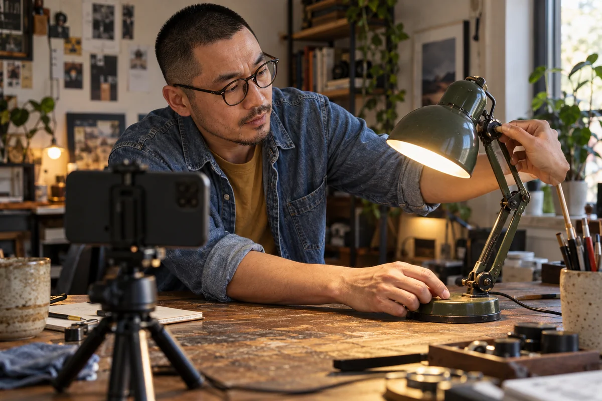 Original fictional adult creator Owen turning a task-lamp dial while a phone on a tripod records the product interaction.