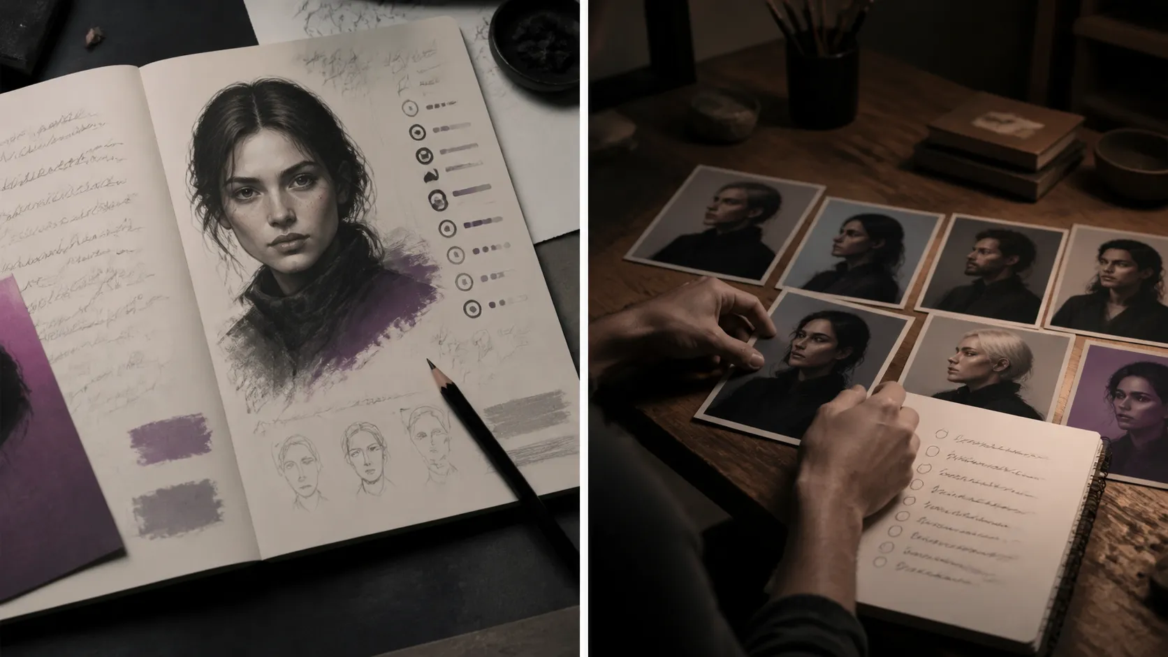 Original editorial persona blueprint and character-review studies on a studio desk.