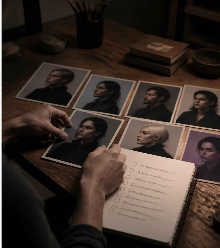 Creator reviewing fictional character portrait studies and a handwritten checklist