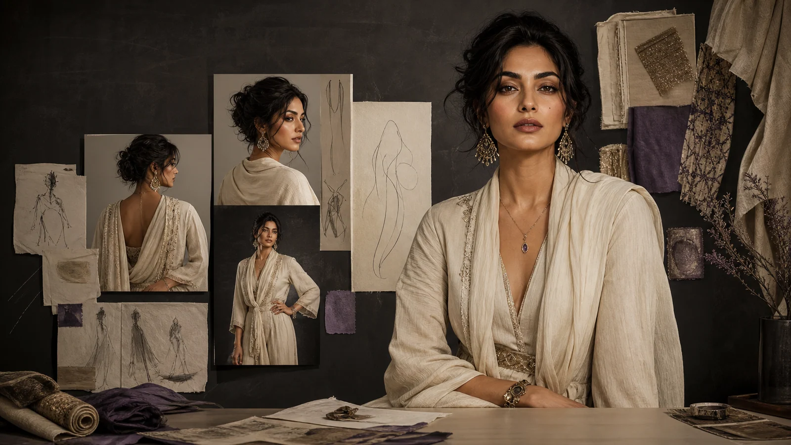 Original editorial illustration of a fictional adult fashion model concept in a natural studio setting.