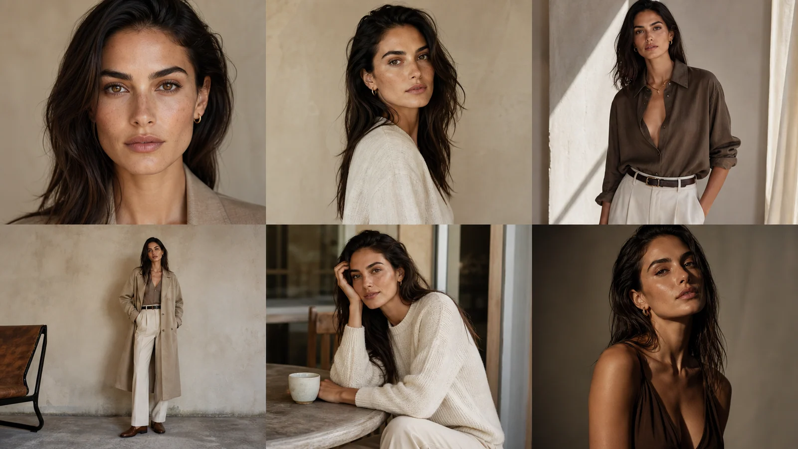 Editorial contact sheet showing consistent portrait and fashion variations of one fictional adult woman