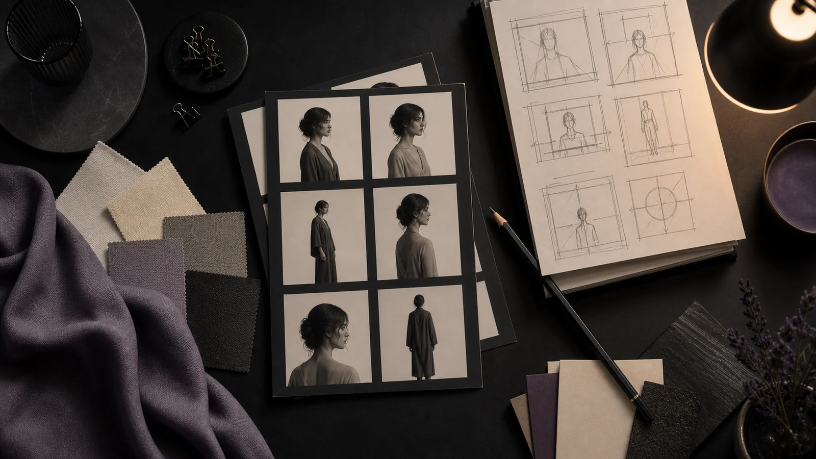 Editorial prompt-planning desk with fashion portrait studies and textile swatches