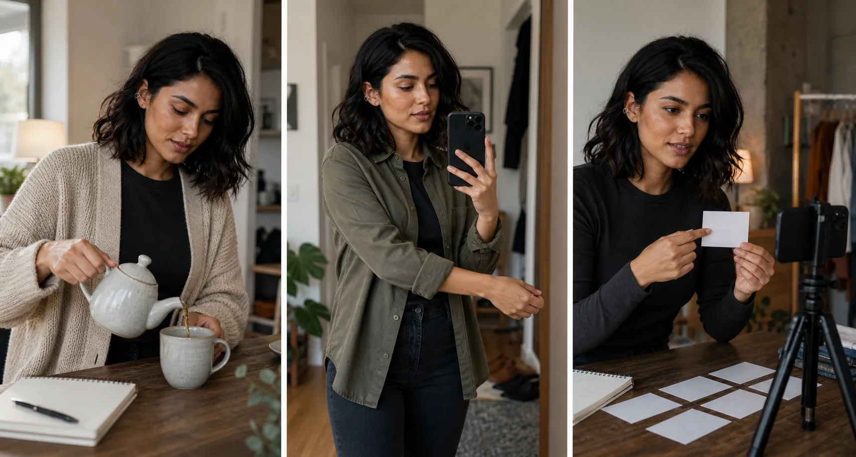 The same fictional adult AI influencer in a tea routine, casual outfit scene, and desk explainer setup.