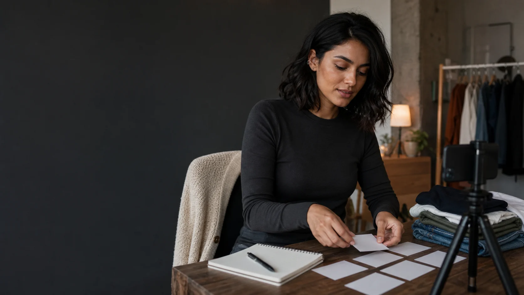 A fictional adult AI creator arranging blank content cards beside a phone tripod in a lived-in workspace.