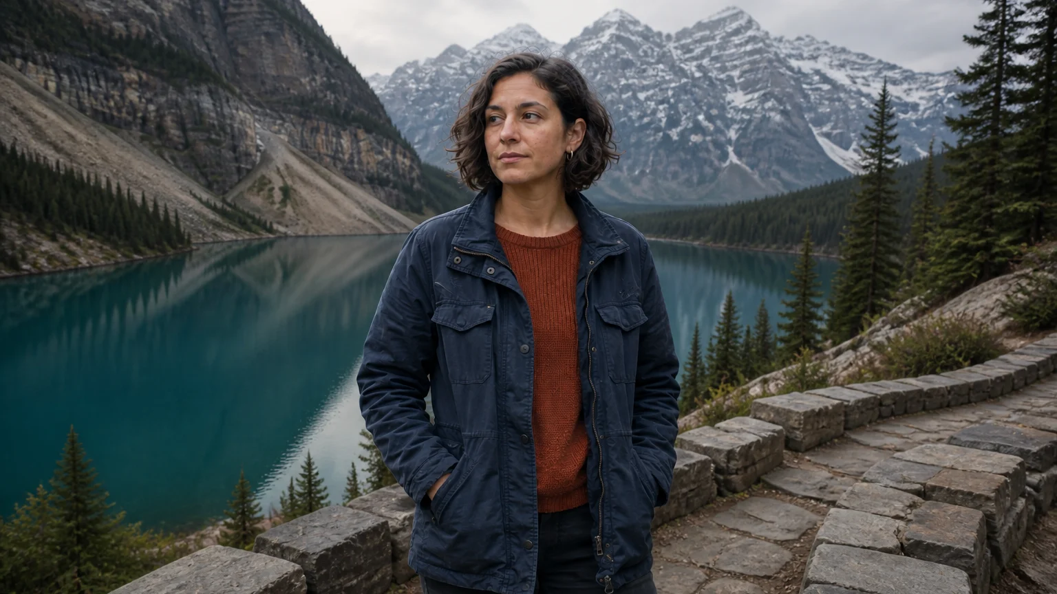 Editorial AI illustration of a fictional adult creator placed into an imagined mountain-lake setting.