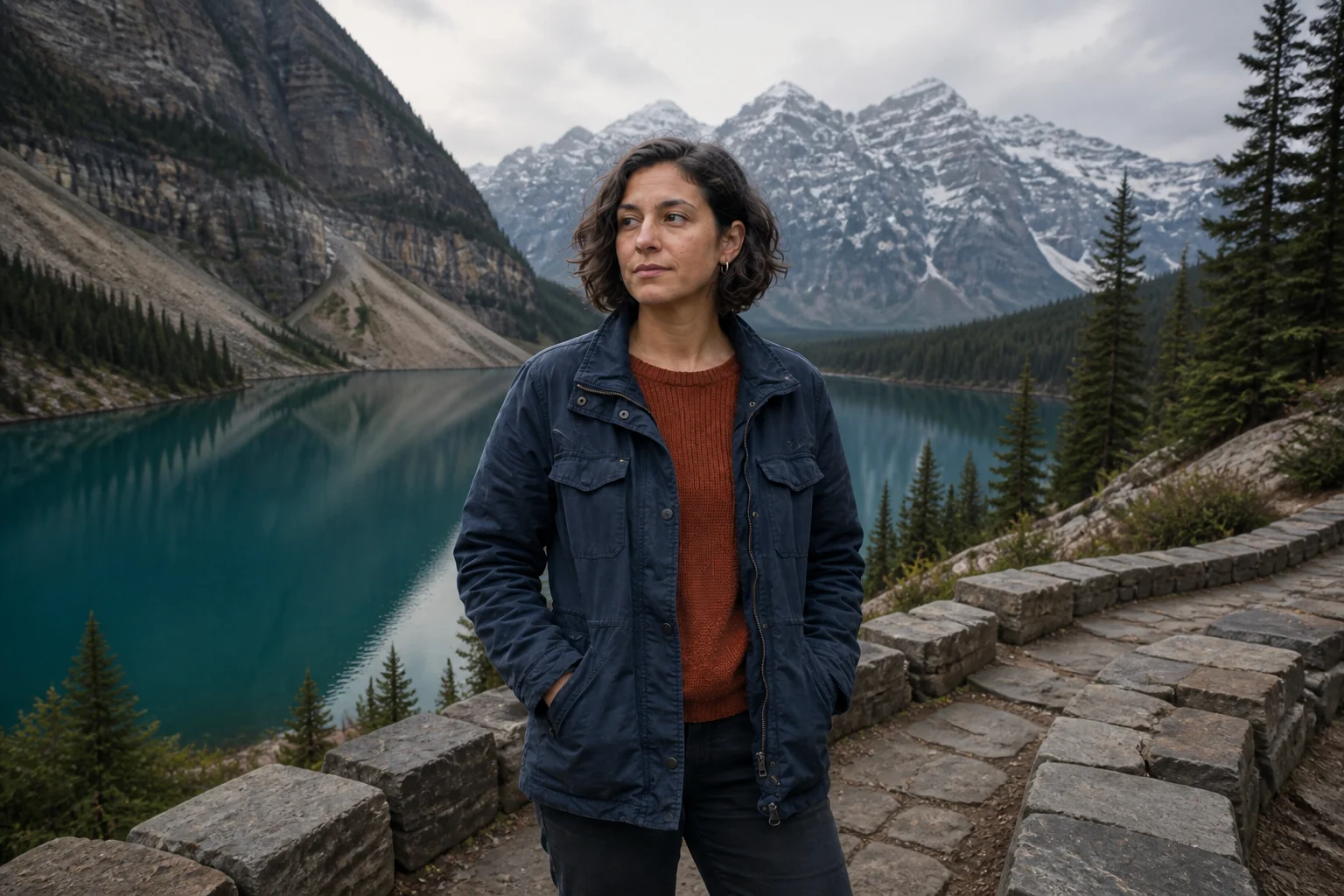 The source character edited into an imagined mountain-lake scene.