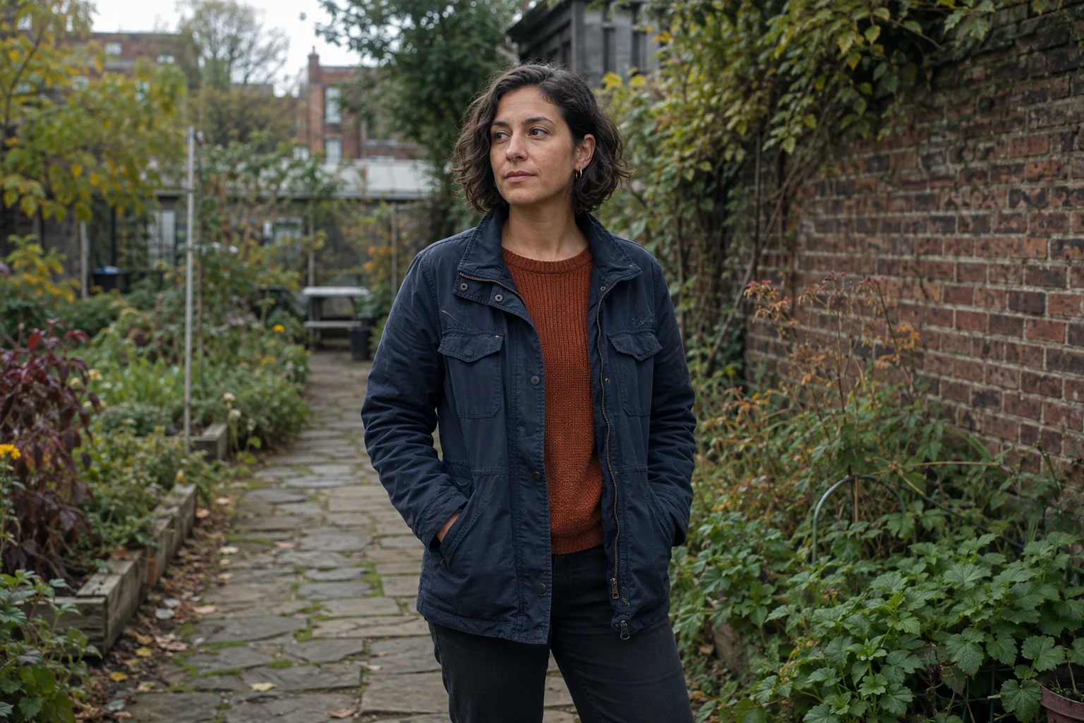 Fictional adult woman with a dark bob and navy jacket on a garden path.
