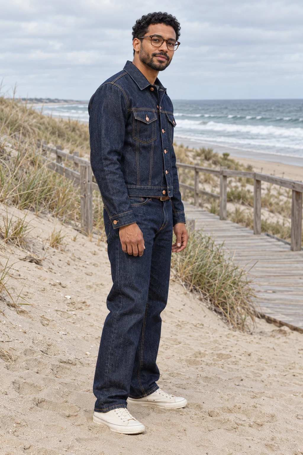 A Text Prompt Only, Beach: original adult creator in indigo denim, passes the four visible outfit checks