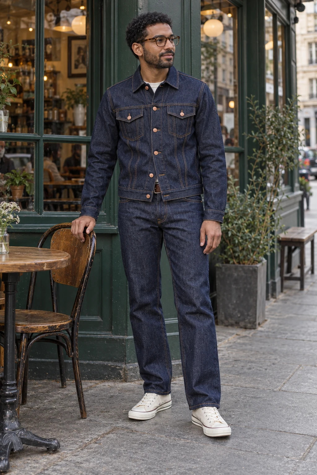 A Text Prompt Only, Café: original adult creator in indigo denim, visible garment detail drift