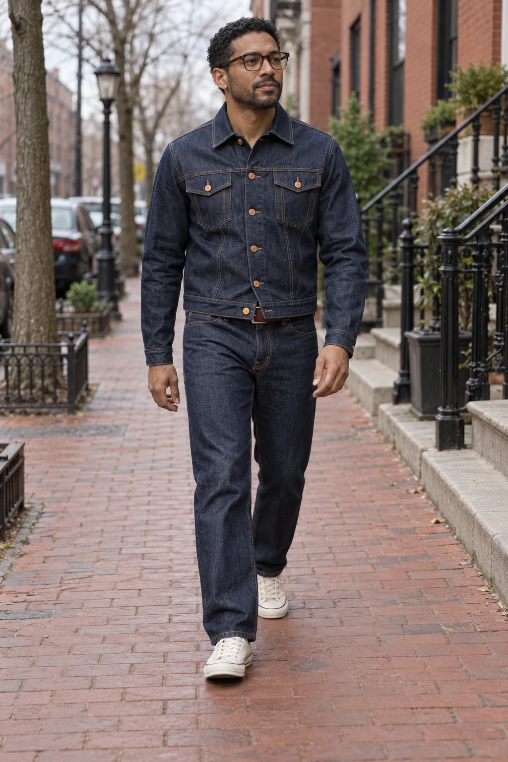 A Text Prompt Only, Street: original adult creator in indigo denim, visible garment detail drift