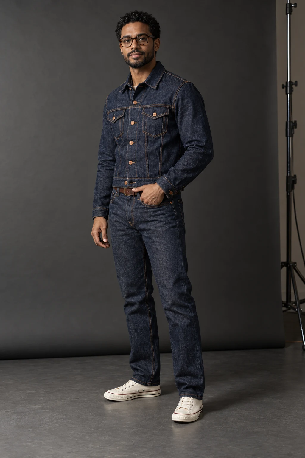 A Text Prompt Only, Studio: original adult creator in indigo denim, passes the four visible outfit checks