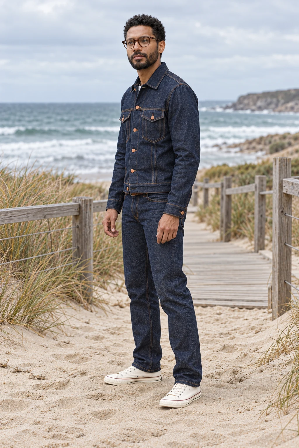 B Character Photo Reference, Beach: original adult creator in indigo denim, passes the four visible outfit checks